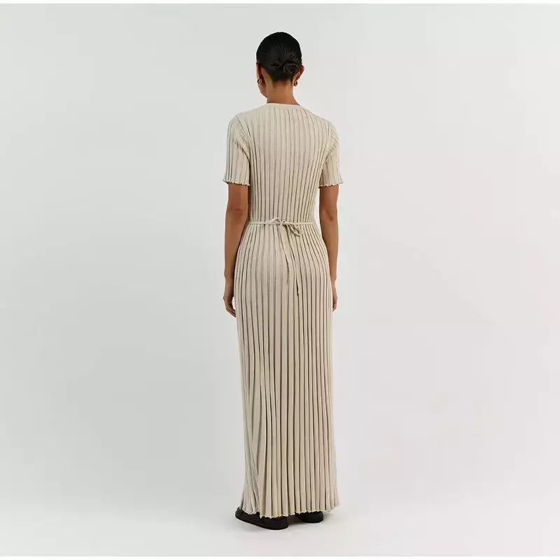 Vestido longo de malha monocromática feminino, manga curta, vestido feminino plissado, gola em O, quadril, primavera, moda verão, feminino, 2022