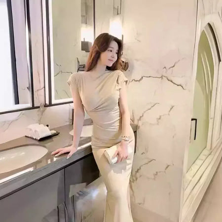 Verão novo sexy atrevido puro desejo estético fora do ombro vestido longo para as mulheres na moda fenda lateral hip cobrindo vestido