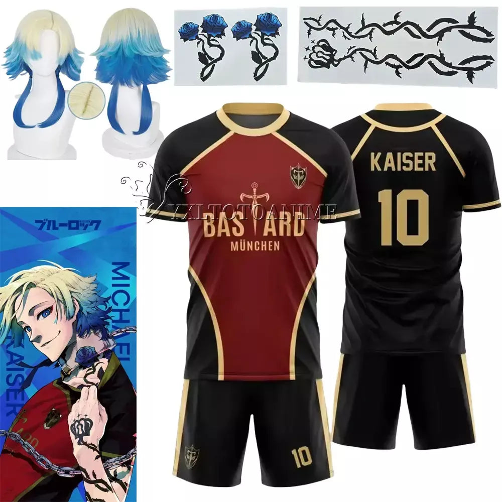 Anime azul bloqueio michael kaiser conjunto trajes cosplay isagi bastardo munchen ness futebol toda camisa impressão 3d reo uniforme de futebol