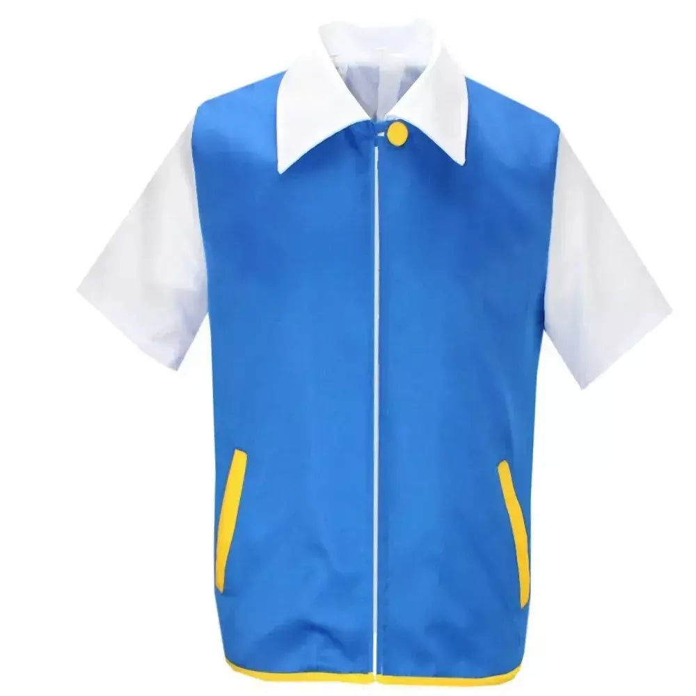 Anime dos desenhos animados cinza ketchum trainer jaqueta azul traje p-pokemoning ir jaqueta azul chapéus luvas para meninos meninas cosplay para festa
