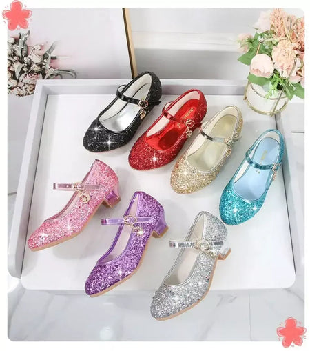 Meninas sapatos crianças salto alto glitter sandálias de cristal moda fivela crianças princesa sapato dança estudante desempenho sapatos de couro