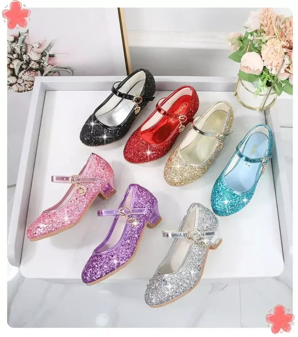 Meninas sapatos crianças salto alto glitter sandálias de cristal moda fivela crianças princesa sapato dança estudante desempenho sapatos de couro