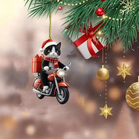 Motocicleta gato acrílico pendurado decoração árvore de natal carro 2d plana equitação gatinho pendurado ornamento dos desenhos animados pingente para natal
