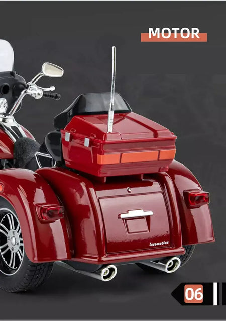 CVO-Tri Glide Alloy Motorcycle Model for Kids, Três Rodas, Cruzeiro, Viagem, Diecast, Lazer na Rua, Luz Sonora, Presente, 1:9