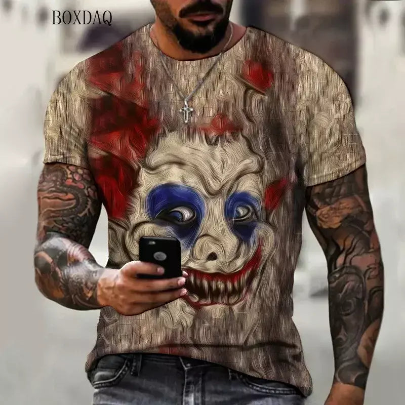 Camiseta masculina de manga curta, solta e casual, com padrão de palhaço aterrorizante, impressa em 3D, tamanho grande 6XL, verão