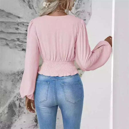 Pulôver feminino com decote V profundo, blusa feminina de manga comprida, tops casuais diários, cintura solta e magro, crossover, primavera, outono