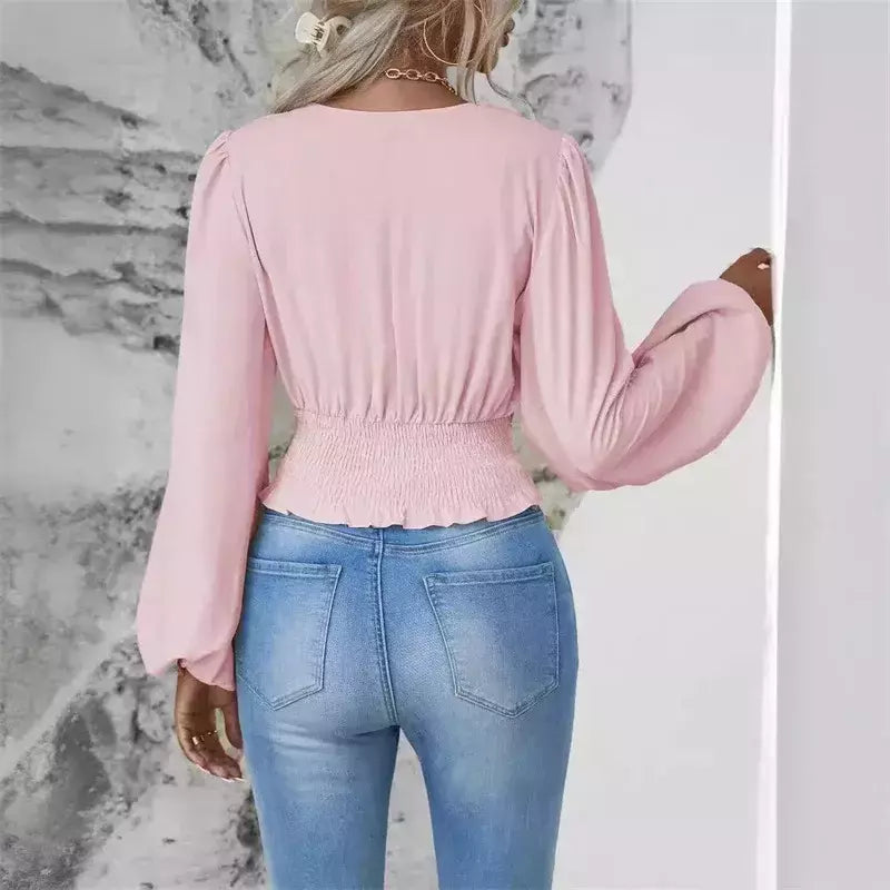 Pulôver feminino com decote V profundo, blusa feminina de manga comprida, tops casuais diários, cintura solta e magro, crossover, primavera, outono