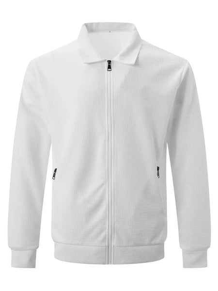 Jaqueta waffle de manga comprida masculina, monocromática, com zíper, bolso, cardigã lapela, gola polo casual, outdoor wear, primavera e outono