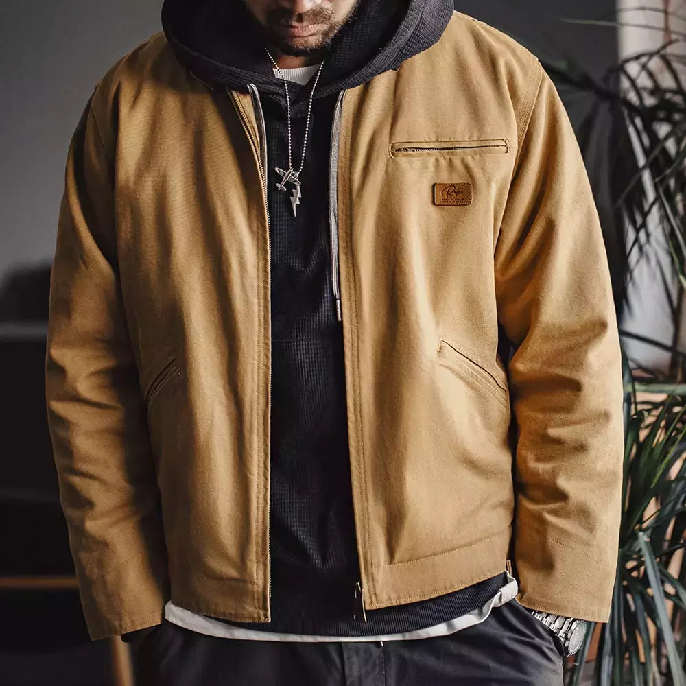 Maden J001 - Casaco de Caça Régua Detroit para Homem de Outono, Tecido de Lã Retro, Bolsos de Algodão Resistente, Design de Colarinho Lapel e Fechadura Ziper