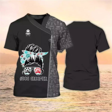 Dog Groomer's T-shirts para homens e mulheres, Pet Grooming Uniformes, Tops roupas, canino, veterinário, cabeleireiros, trabalho canino, 2024