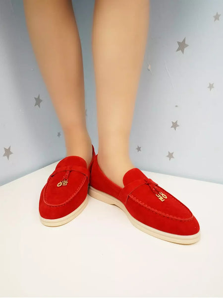 Sapatos de mula de camurça antiderrapante para mulheres, sapatos para dirigir, pingente de metal, marca de luxo, moda casual confortável, Le Fu