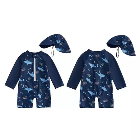 Maiô infantil de 0 a 5 anos, roupa de banho com estampa de tubarão, manga longa, meio zíper, com chapéu de sol, 2 peças, roupa de banho para crianças pequenas