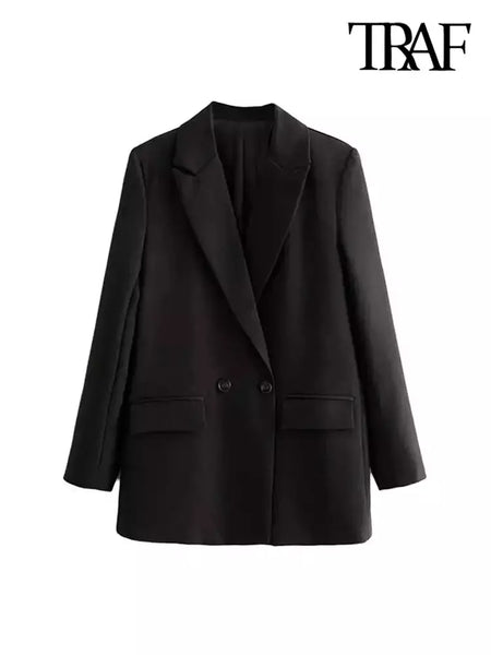 TRAF-Blazer de trespassado feminino, gola entalhada, manga comprida, chique, senhora do escritório, casaco vintage, casacos femininos, tops elegantes, moda