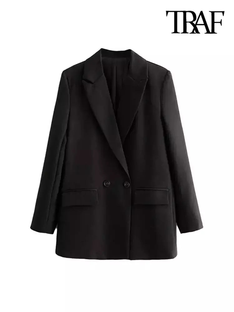 TRAF-Blazer de trespassado feminino, gola entalhada, manga comprida, chique, senhora do escritório, casaco vintage, casacos femininos, tops elegantes, moda