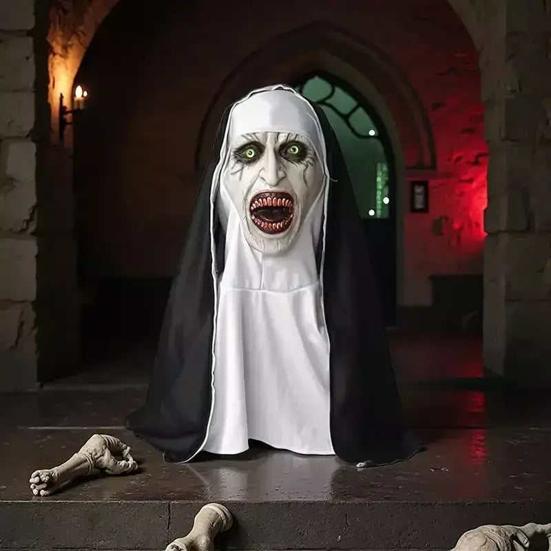 Horror a freira máscara cosplay assustador demônio sangrento fantasma rosto máscaras de látex com lenço festa de halloween traje adereços deluxe