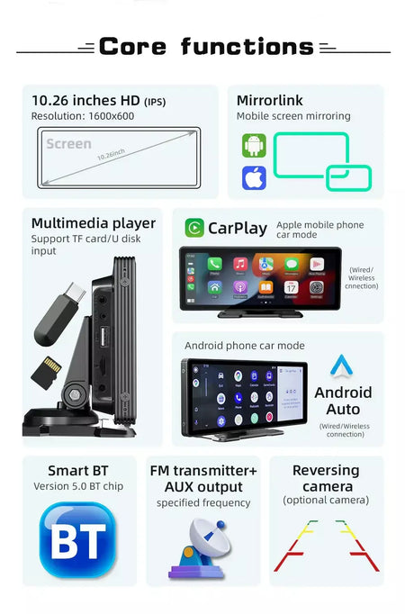 Bqcc 10.26 Polegada portátil sem fio carplay tela hd câmera de ré traseira rádio do carro dvr mp5 multimídia player vídeo android auto