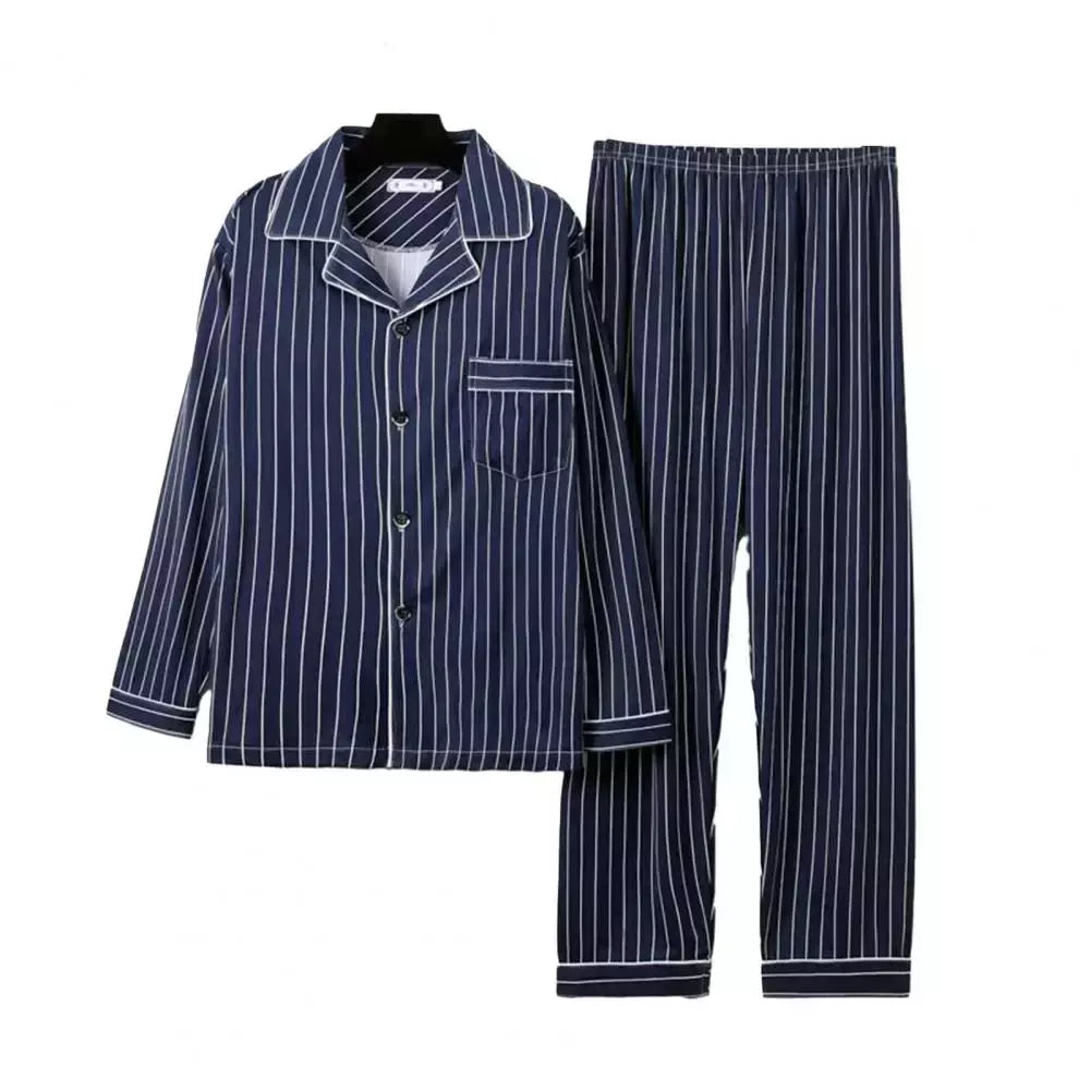 Conjunto de pijama de seda leite confortável masculino, loungewear elegante, estampa xadrez listrada, lapela combinando cores, pijama longo de peito único, outono e inverno