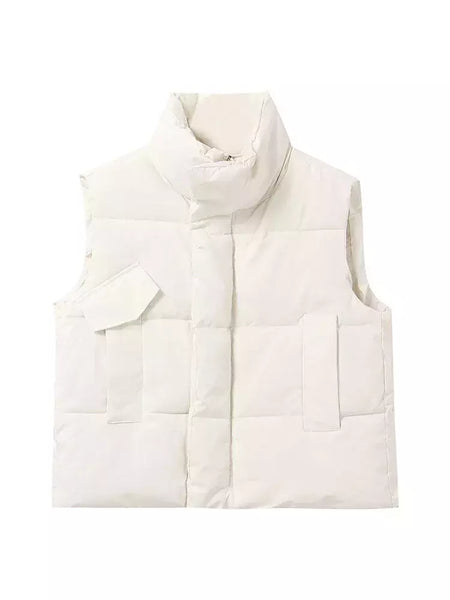 Jaqueta casual grossa solta feminina, casaco com gola simulada, zíper para cima, colete quente sólido, jaqueta puffer, outono, inverno, 2023