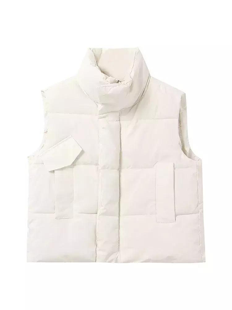 Jaqueta casual grossa solta feminina, casaco com gola simulada, zíper para cima, colete quente sólido, jaqueta puffer, outono, inverno, 2023