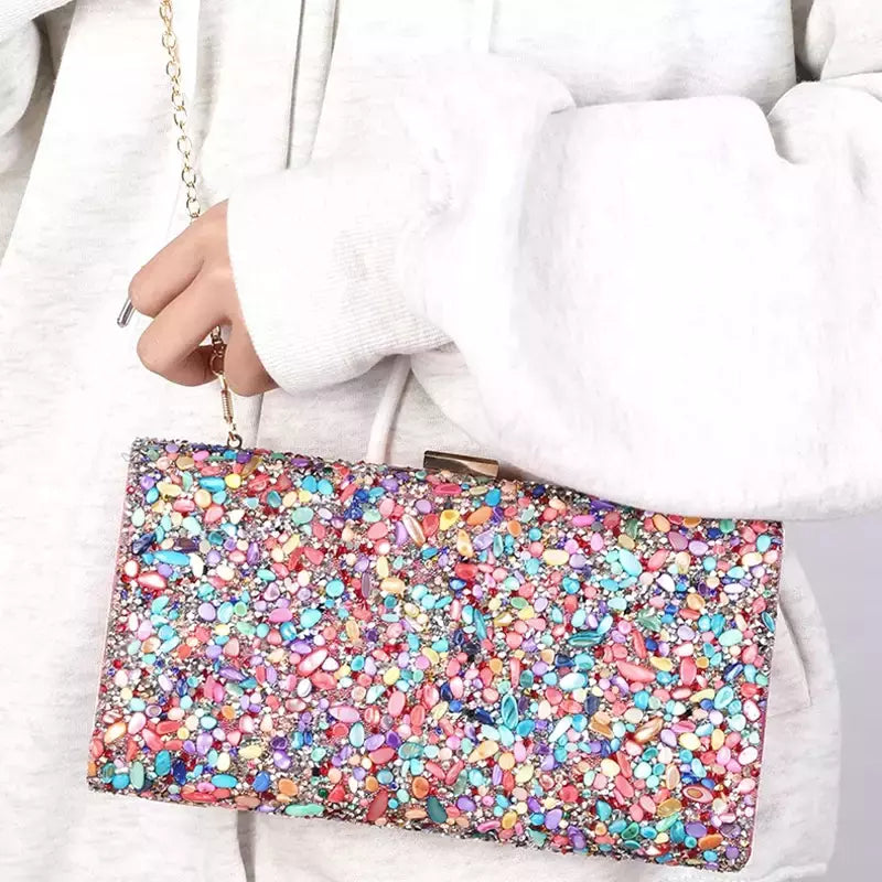 Bolsa acrílica com fecho interligado para menina, bolsa do casamento, pedra multicolorida, corrente de metal, crossbody, ombro, noite, difícil