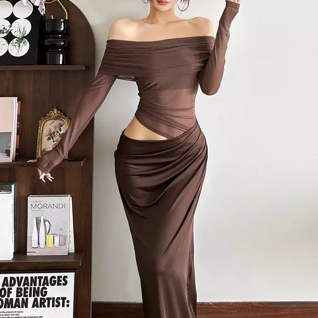 Oco sexy vestido longo feminino um ombro malha transparente festa noite vestido de malha verão moda cor sólida maxi vestidos