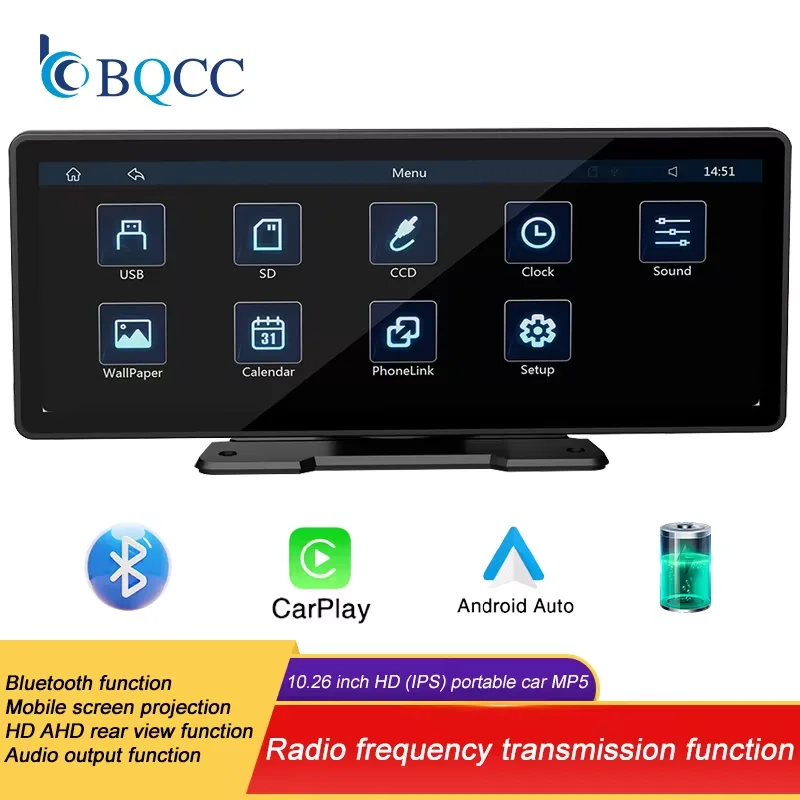 Bqcc 10.26 Polegada portátil mp5 multimídia player de vídeo android auto sem fio carplay tela hd câmera reversa traseira rádio do carro
