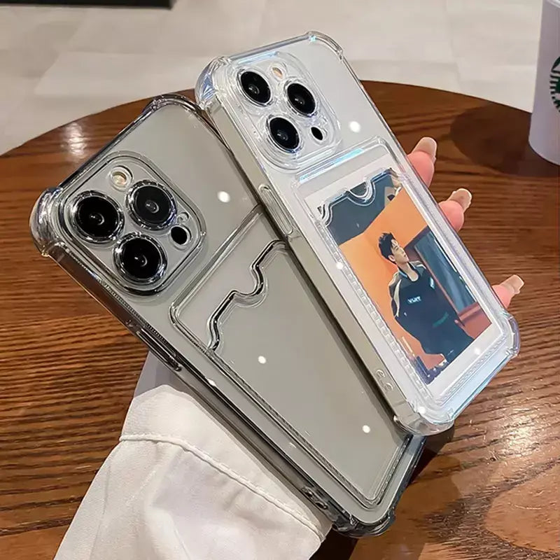 Bolsa de slot para cartão transparente para iPhone, carteira clara, à prova de choque, capa macia, iPhone 16, 15, 14, 13, 12, 11 Pro Max, Mini, X, XR, 7, 8 Mais