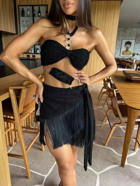 Conjunto sexy de biquíni feminino, sutiã de renda, mini saia, férias de praia, fato de banho feminino casual, 2 peças, verão