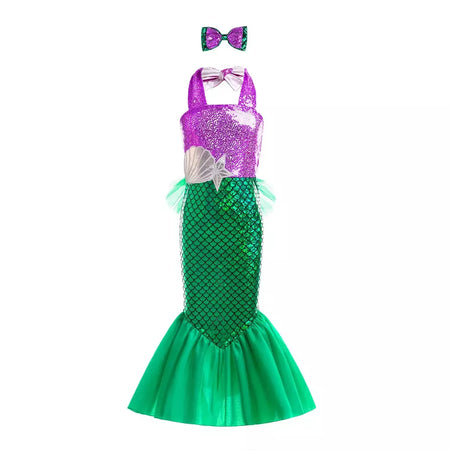 Meninas roxo-azul sereia ariel cosplay vestido de halloween vestido de festa de aniversário meninas praia vestido de férias