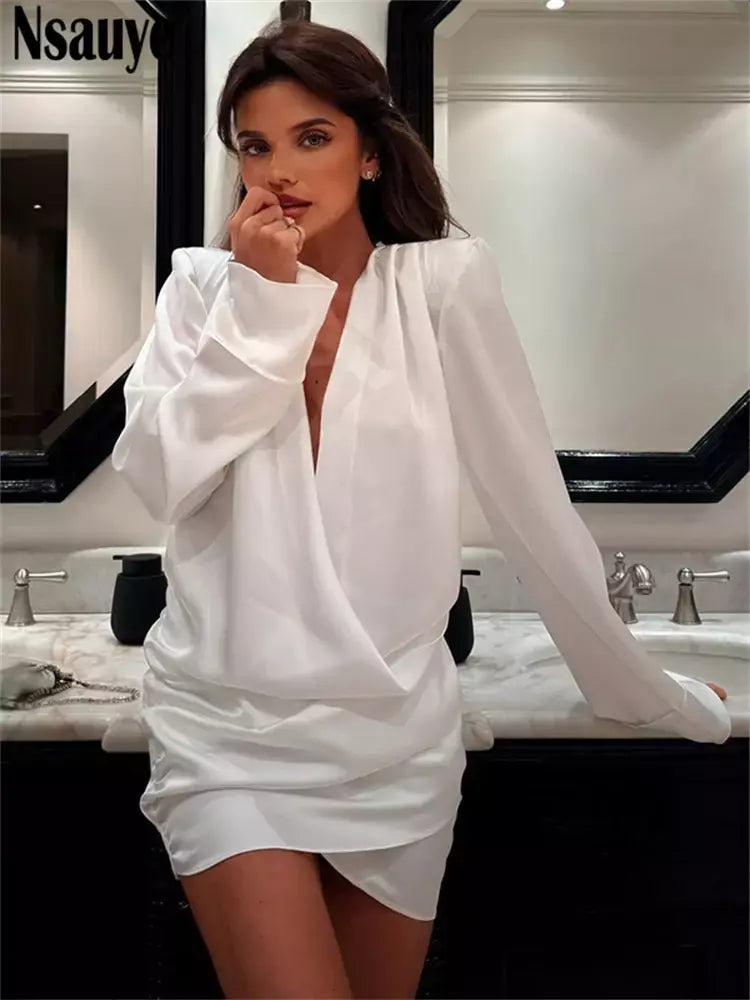 Nsauye curto noite elegante festa mini envoltório manga longa vestido feminino nova moda cetim 2025 inverno sexy night club vestido branco