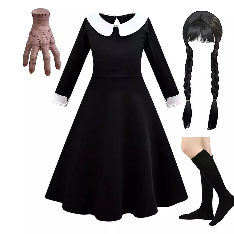 Crianças addams traje do bebê meninas família cosplay traje de halloween crianças família dança vestido preto quarta-feira pageant fantasia