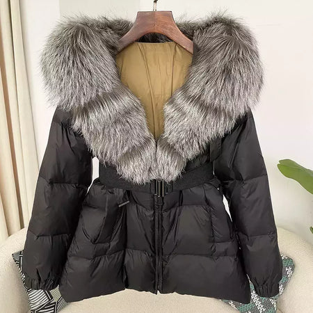 Oftbuy 2024 jaqueta de inverno feminina gola de pele de raposa natural real com capuz grosso quente 90% pato branco para baixo casaco feminino streetwear casual