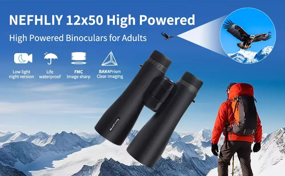 Binóculos HD 12x50 para adultos Binóculos de visão grande de alta potência com visão clara IPX7 Telescópio à prova d'água para viagens de caça