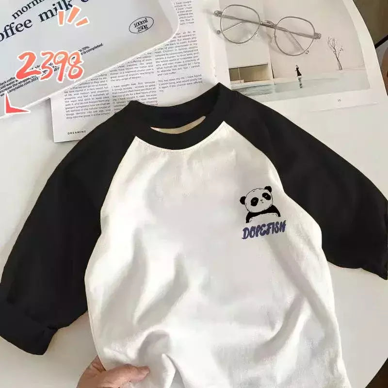 Camisetas de manga comprida de algodão puro para meninos e meninas, camiseta infantil, roupa de bebê, elegante, nova, primavera e outono