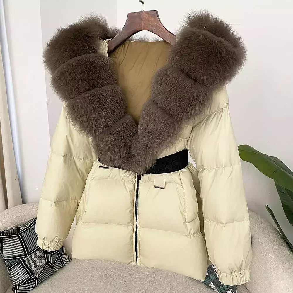 Oftbuy 2024 jaqueta de inverno feminina gola de pele de raposa natural real com capuz grosso quente 90% pato branco para baixo casaco feminino streetwear casual