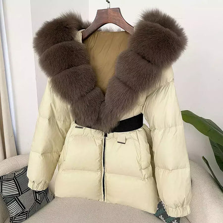 Oftbuy 2024 jaqueta de inverno feminina gola de pele de raposa natural real com capuz grosso quente 90% pato branco para baixo casaco feminino streetwear casual