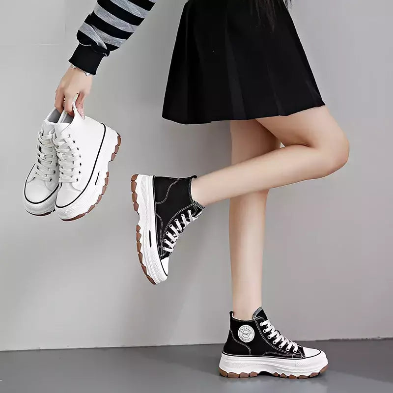 Tênis casual de cano alto para mulheres, com cordões, lona de altura da plataforma, antiderrapante, resistente ao desgaste, sapatos femininos vulcanizados, primavera, 2024