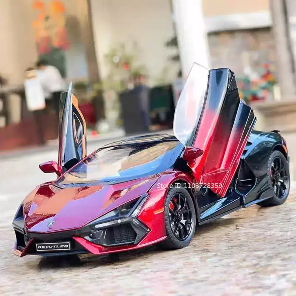 1:24 escala revuelto modelo em miniatura brinquedo carros esportivos liga diecast supercars som luz portas abertas puxar para trás para crianças presentes