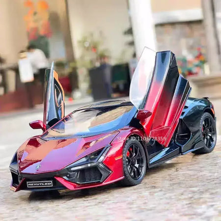 1:24 escala revuelto modelo em miniatura brinquedo carros esportivos liga diecast supercars som luz portas abertas puxar para trás para crianças presentes