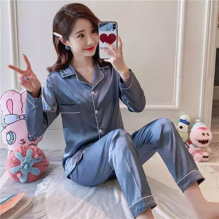 Pijama de seda gelo de mangas compridas feminino, tamanhos grandes, monocromático, casual, solto, preto, botões macios, cardigã, roupa de casa, pijamas, outono, inverno
