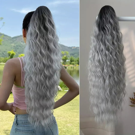 Aoosoo sintético água rabo de cavalo extensão do cabelo clipe no rabo de cavalo da mulher acessórios para o cabelo longo encaracolado peruca natural encaracolado preto