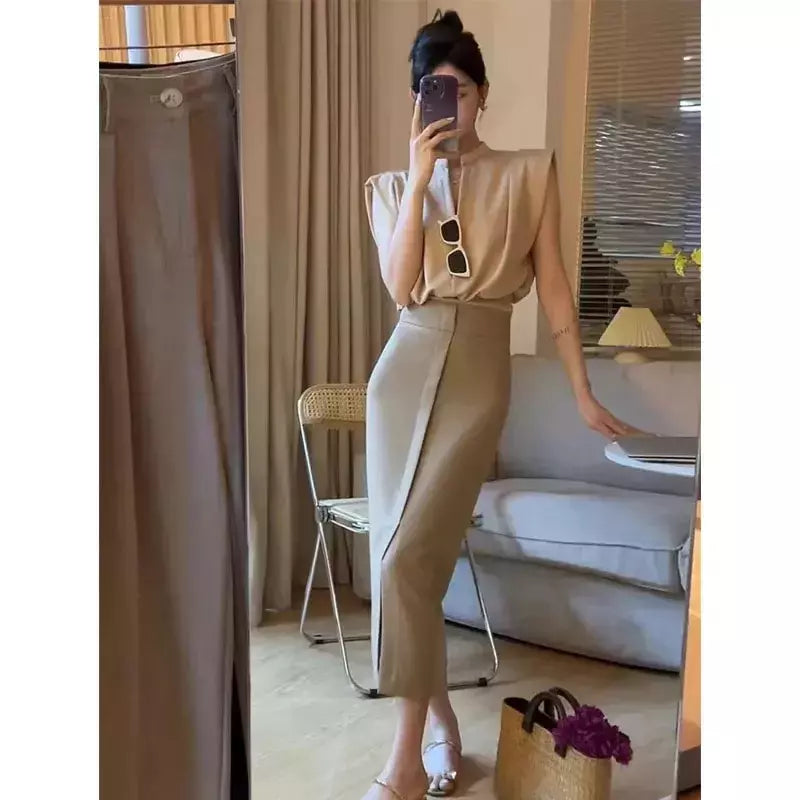 MEXZT-Blusas elegantes sem mangas com decote em v para mulheres, senhora do escritório, casual preto coreano, todos os jogos chiques, verão, branco, novo