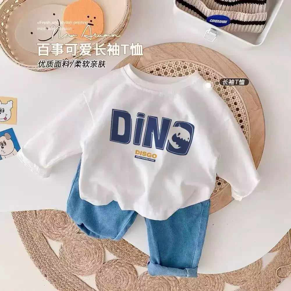 Camiseta infantil de manga comprida, algodão puro, camisa base, desenho animado estampado, primavera e outono, bebê, meninos e meninas