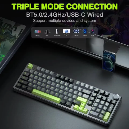 Teclado mecânico para jogos AULA F99PRO, 99 teclas, três modos, sem fio, estrutura de junta permutável, teclado personalizado com botão de mídia