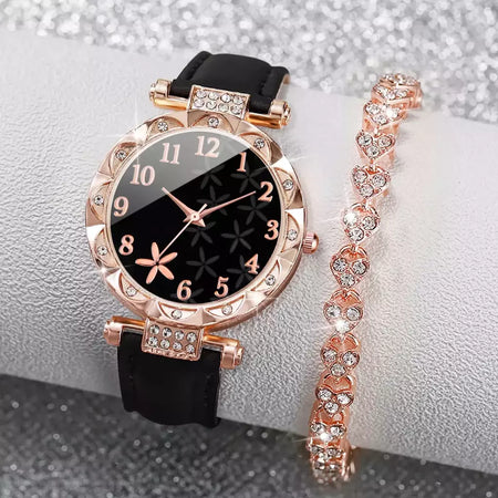 Conjunto de braceletes de coração strass feminino, relógio de pulso quartzo feminino, mostrador flor, pulseira de couro, 2 peças por conjunto