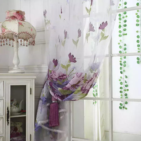 Tule Floral em Cortinas Puras, Tratamento Janela, Painel Persianas, Sala de estar, Quarto, Cozinha, Sombra, Roxo, Peônia