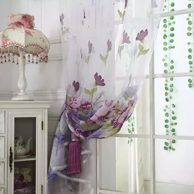 Tule Floral em Cortinas Puras, Tratamento Janela, Painel Persianas, Sala de estar, Quarto, Cozinha, Sombra, Roxo, Peônia