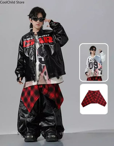 Meninos hio hop letras jaqueta de couro dança de rua calças de carga soltas meninas k-pop streetwear crianças conjunto de roupas jazz traje
