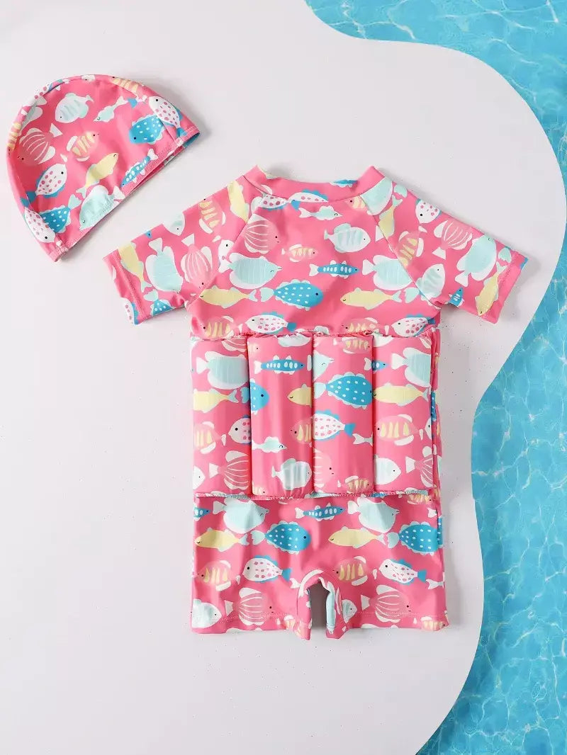 Maiô flutuante para crianças, roupa de banho de uma peça para crianças, flutuante, proteção contra queimaduras, estampa de desenho animado, meninas, meninos, roupas de natação