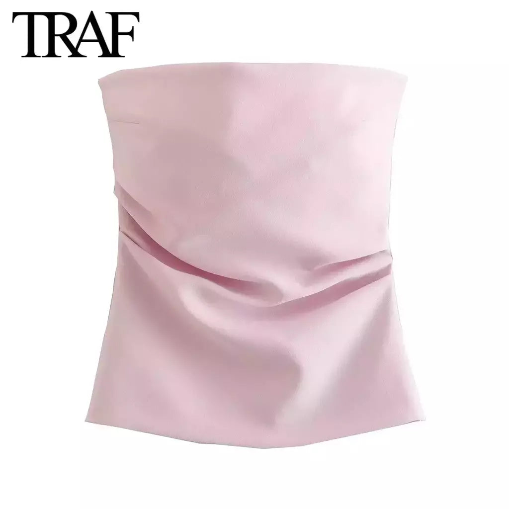 TRAF-Blusa sem mangas sem alças para mulheres, tops femininos, zíper traseiro, roupas de rua, tanque chique, moda verão, nova